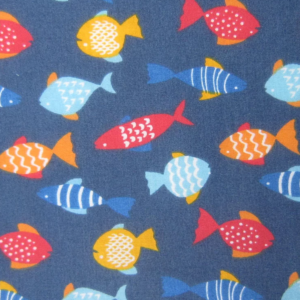 Navy Fish Polyester Cotton, Navy Fish Polycotton, fish print polycotton, buy fish print poly cotton at Sewing Direct