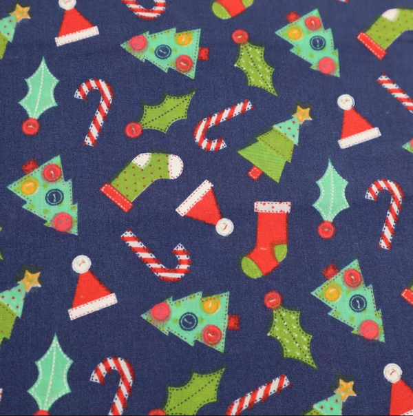 Navy crafty christmas poly cotton, crafty christmas polycotton, candy cane poly cotton, christmas stocking poly cotton, buy Navy Crafty Christmas Poly Cotton at Sewing Direct