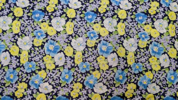 Pansy Floral print cotton, blue yellow white floral on black background poplin, buy printed cotton poplin at sewing direct