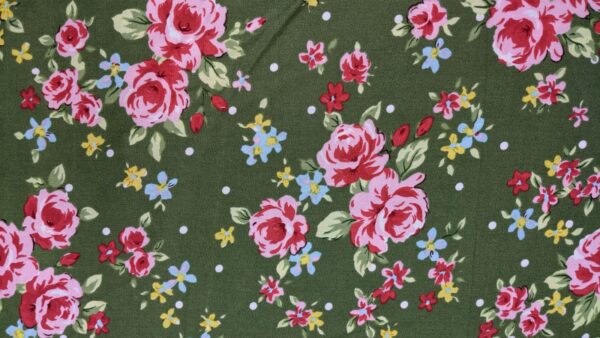 Khaki floral cotton poplin, Floral on Khaki background print cotton poplin, buy printed cotton poplin at sewing direct
