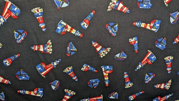 Navy Lighthouse print cotton poplin, buy printed cotton at sewing direct