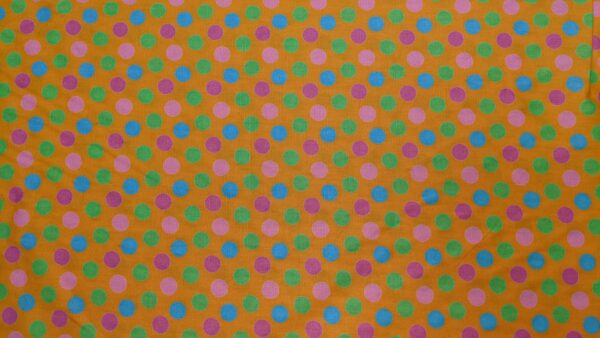 Multicoloured spot on Orange background print cotton poplin, buy printed cotton poplin at sewing direct