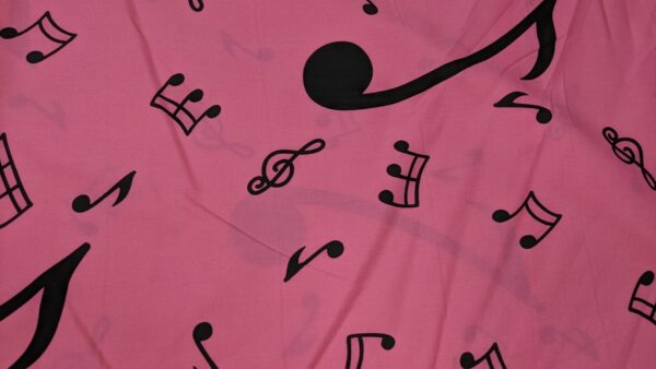 pink and black music notes print cotton poplin, buy printed cotton poplin at sewing direct