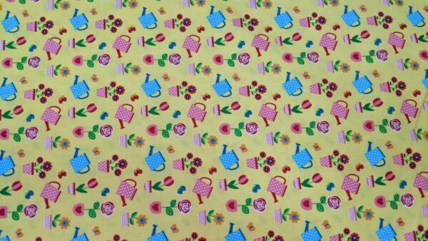 Yellow with watering cans and flowers cotton, gardening print cotton, print cotton poplin, buy printed cotton poplin at sewing direct