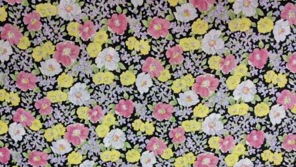 pink yellow and white floral on black background print cotton poplin, buy printed cotton poplin at sewing direct