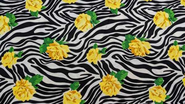 zebra with yellow rose print cotton poplin, buy printed cotton poplin at sewing direct