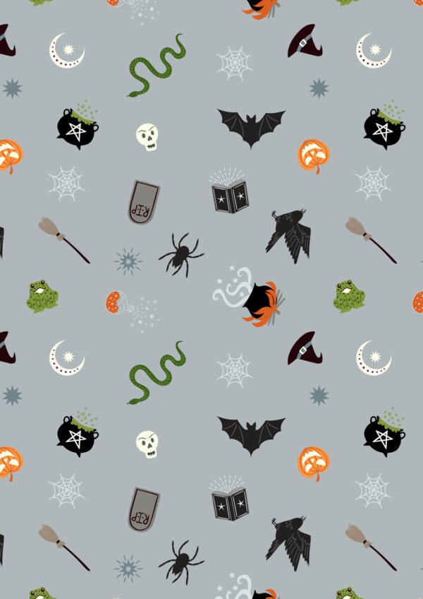 Lewis & Irene Cast a Spell fabric with a grey background and Halloween images like bats, snakes, cauldrons on it.