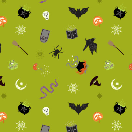 Lewis & Irene Cast a Spell fabric with a green background and Halloween images like bats, snakes, cauldrons on it.