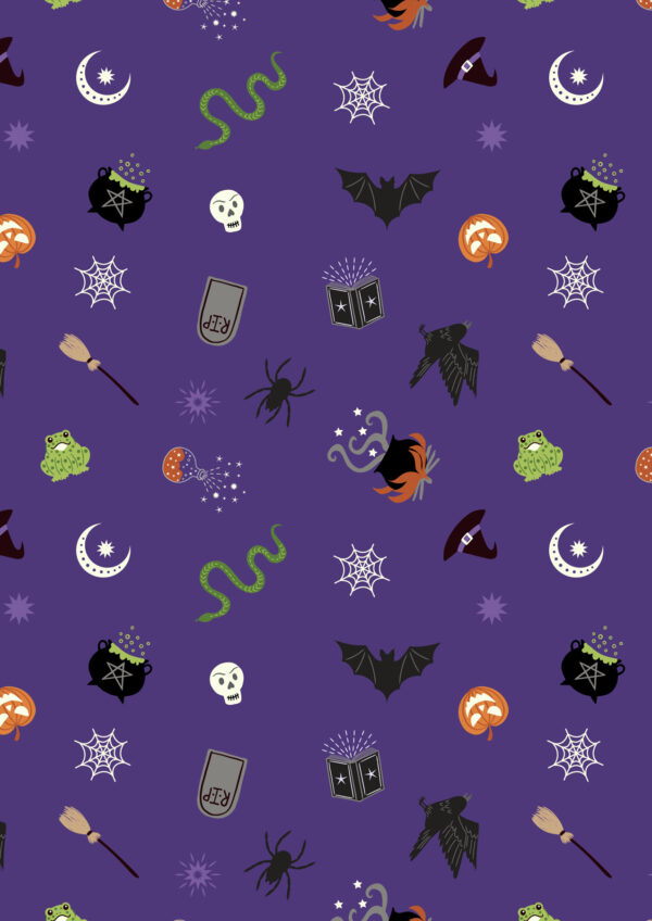 Lewis & Irene Cast a Spell fabric with a purple background and Halloween images like bats, snakes, cauldrons on it.