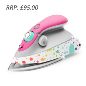 Tula Pink x Oliso M3Pro Mini Project Iron featuring a vibrant goldfish design, with a Diamond Ceramic-Flow™ soleplate, detailer tip, and ergonomic handle for precision sewing and quilting.