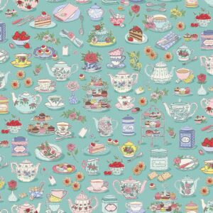 Makower Afternoon Tea Tea Time Teal 091/T - Sewing Direct